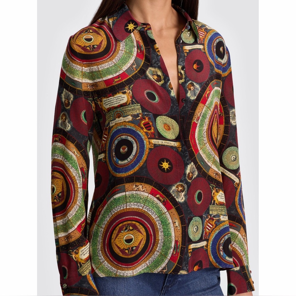 Alice + Olivia Willa Hands of Time Silk Blouse Top Burgundy Red Zodiac L